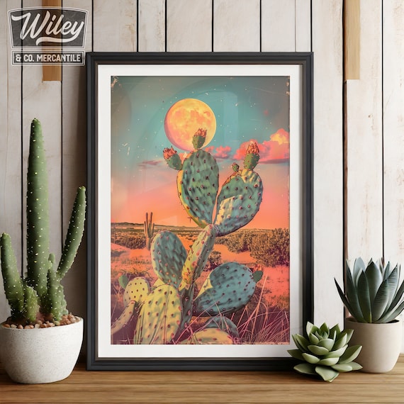 Prickly Pear Cactus Art Print | Retro Cactus Wall Art, Vintage Western Art,  Surreal Southwest Desert Landscape Sunset Print, Cowboy Wall Art - Etsy