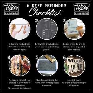 May include: A black and white graphic with a 6-step checklist for framing prints. The steps include measuring, reviewing size charts, checking the shipping address, purchasing a frame, placing the print, and hanging it. The text includes "Welcome to the Lake House."