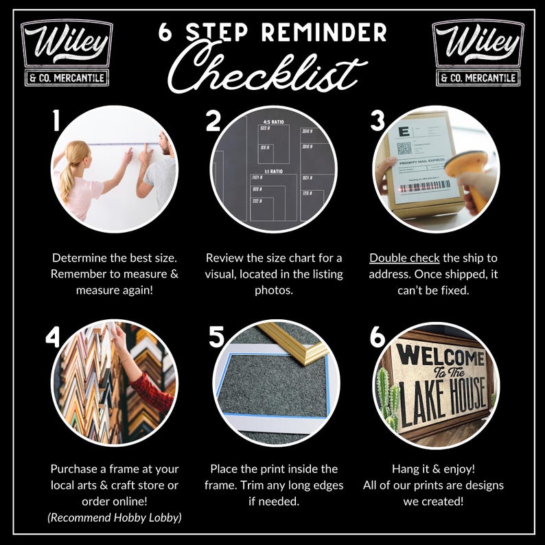 May include: A black and white graphic with a 6-step checklist for framing prints. The steps include measuring, reviewing size charts, checking the shipping address, purchasing a frame, placing the print, and hanging it. The text includes "Welcome to the Lake House."
