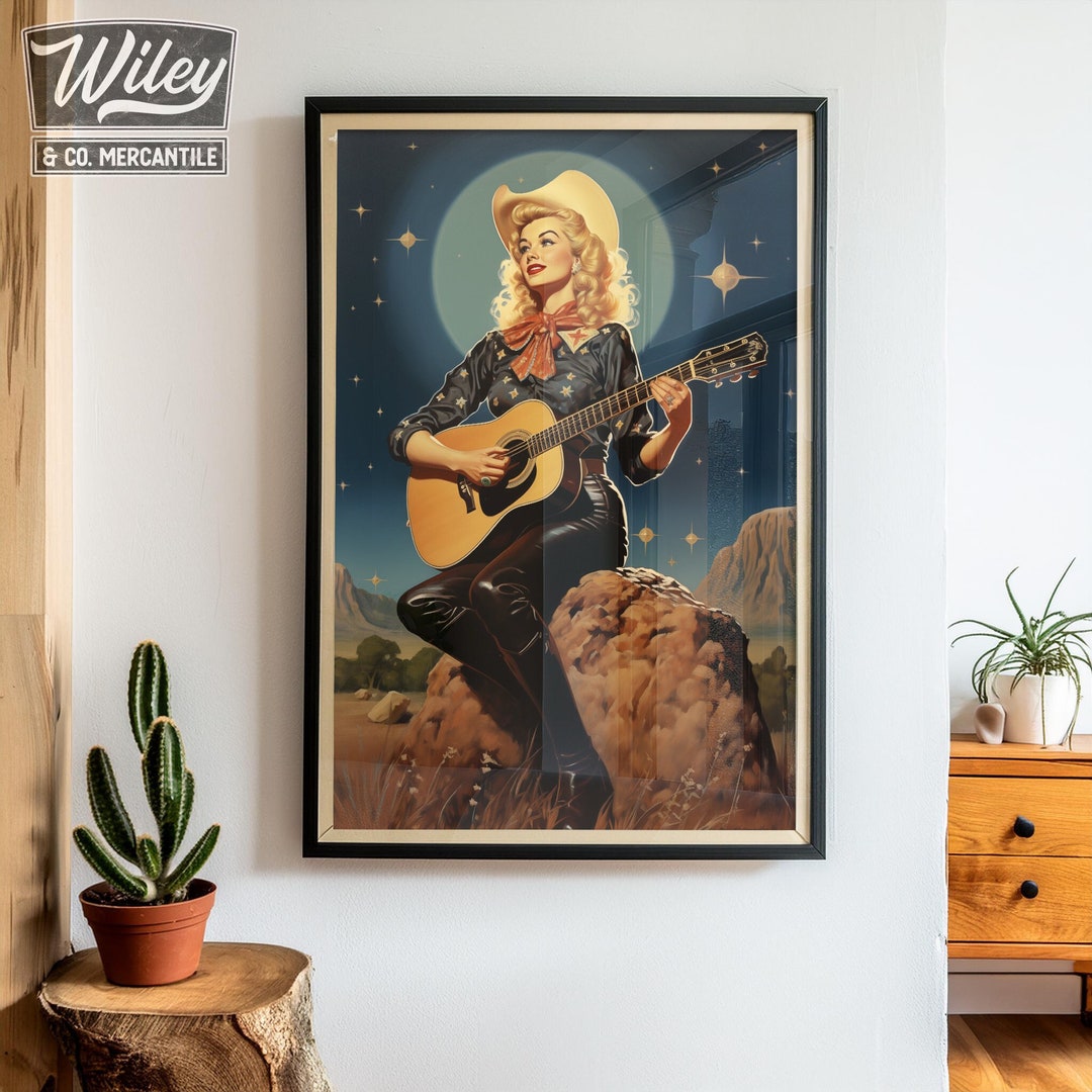 Cosmic Cowgirl Playing Guitar Art Print | Retro Space Cowgirl Wall Art ...