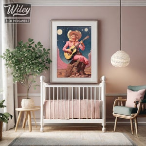 Cosmic Cowgirl Playing Guitar Art Print | Retro Space Cowgirl Wall Art ...