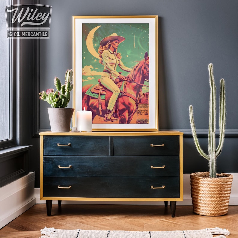 Retro Cowgirl Wearing All White Riding Horse Art Print | Cosmic ...