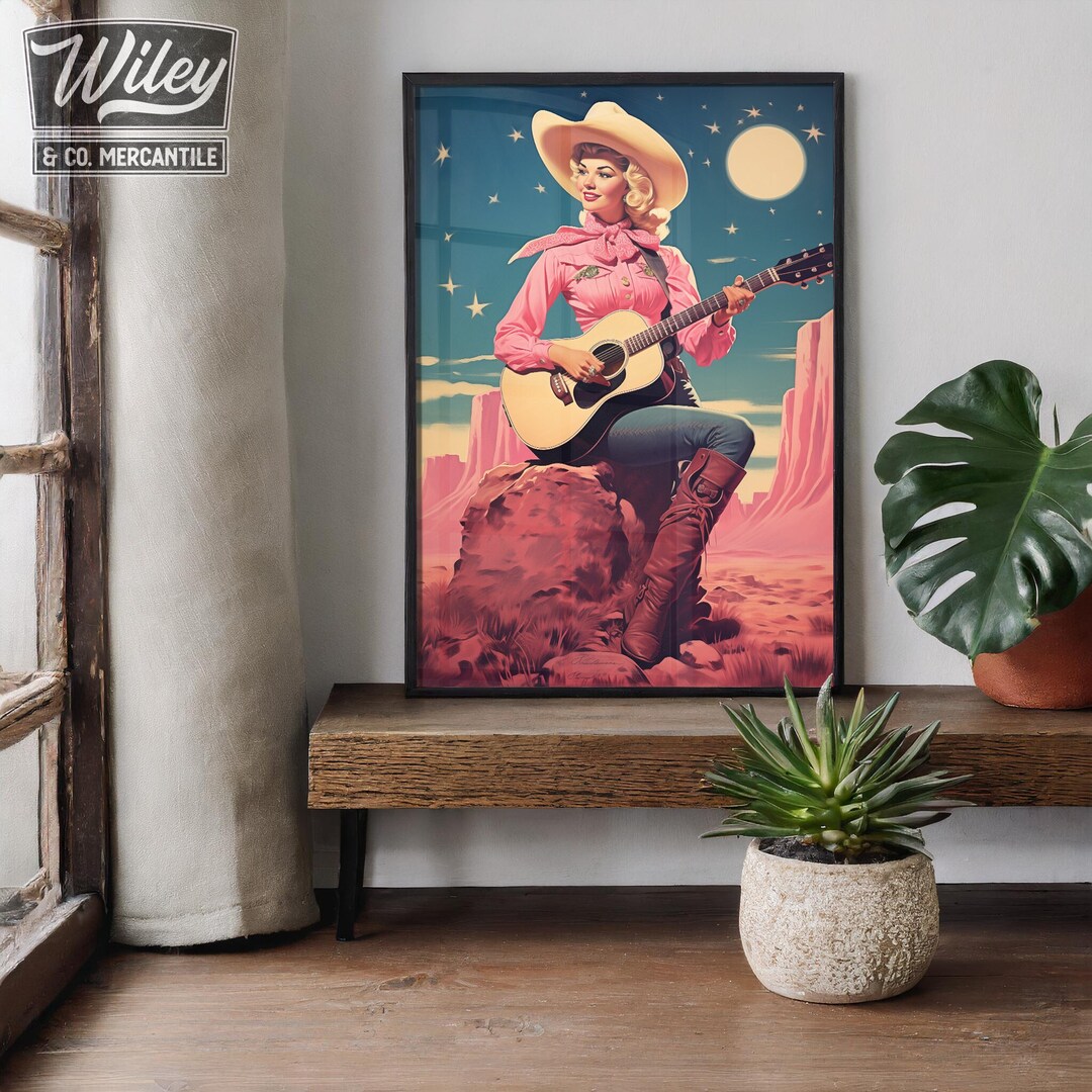Cosmic Cowgirl Playing Guitar Art Print | Retro Space Cowgirl Wall Art ...
