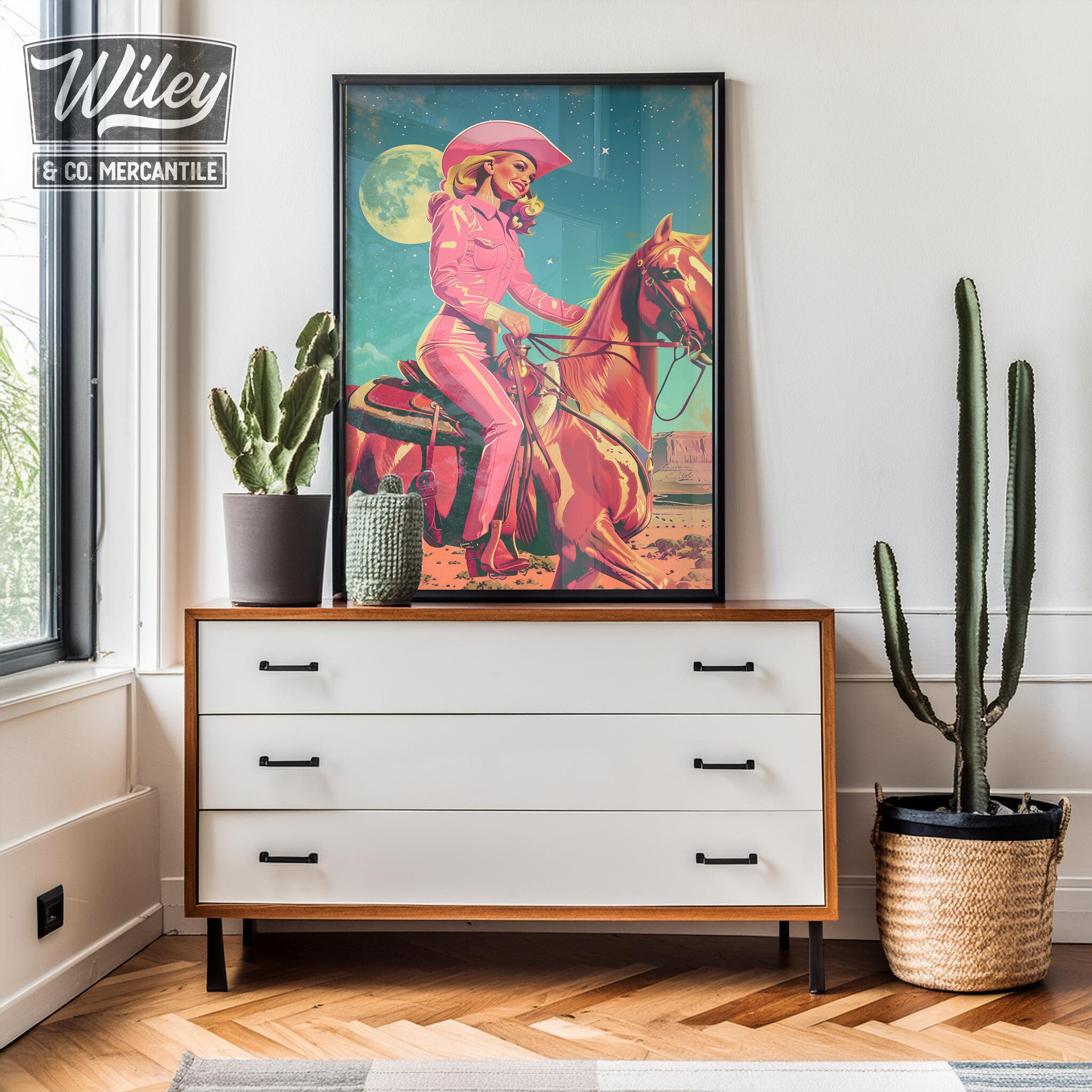 Pink Retro Cowgirl Riding Horse Art Print | Cosmic Space Cowgirl Wall ...