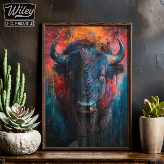 Buffalo Art Print | Large Buffalo Wall Art, American Bison Art, Western American Buffalo Art Painting Print, Western Eclectic Buffalo Art