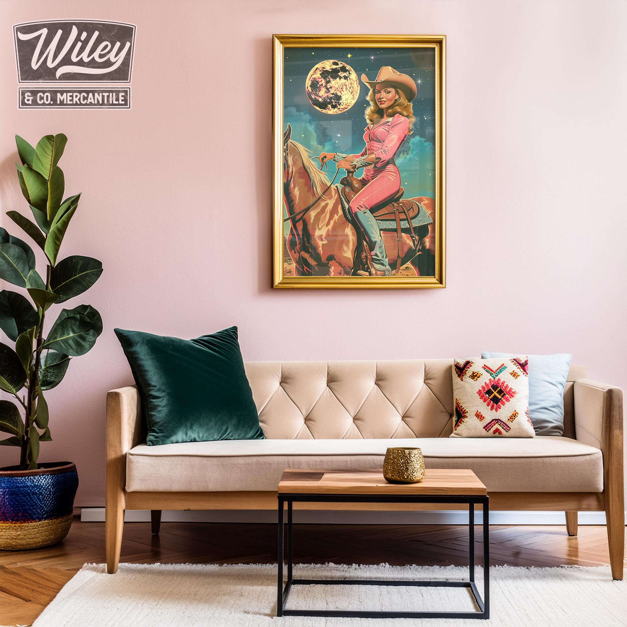 Retro Cowgirl Riding Horse Art Print, Pink Cosmic Space Cowgirl Wall ...