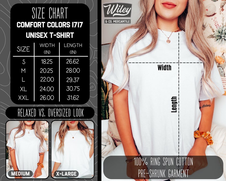May include: White unisex t-shirt with a size chart. The chart shows measurements in inches for sizes S to XXL. The shirt is made of 100% ring-spun cotton and is pre-shrunk. The image also shows a comparison of relaxed vs. oversized looks.