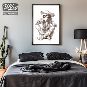 May include: A black and white illustration of a skeleton wearing a cowboy hat and boots, sitting with a cup in hand.