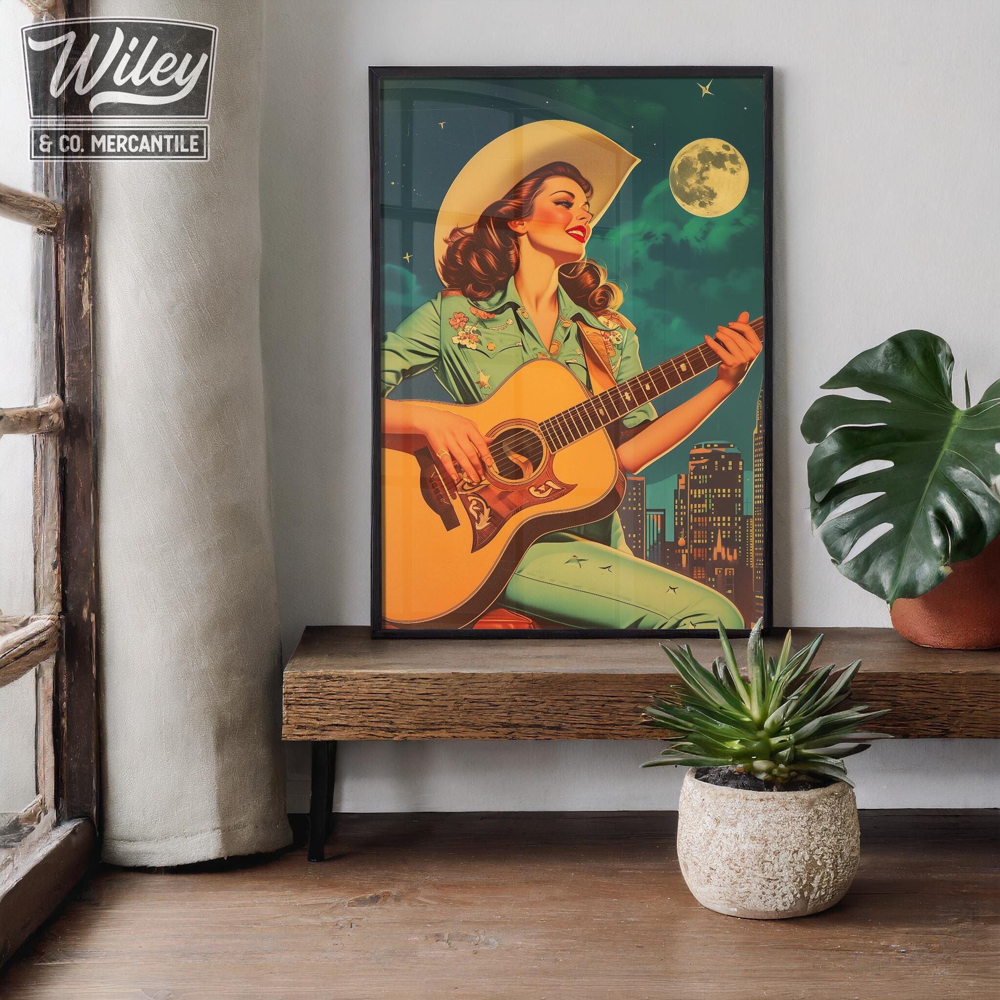 Cosmic Cowgirl Playing Guitar Art Print | Retro City Cowgirl Wall Art, Vintage Cowboy Art, Surreal Western Art Print, Southwest Desert Art