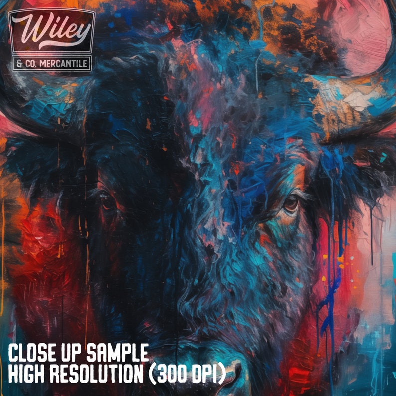 May include: Close-up of a colorful painting of a bull's face. The artwork features a mix of blues, reds, and oranges, with visible brushstrokes. The text "CLOSE UP SAMPLE HIGH RESOLUTION (300 DPI)" is at the bottom, and the "Wiley & Co. Mercantile" logo is at the top.