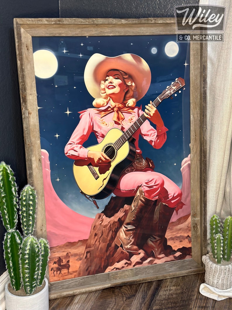 Cosmic Cowgirl Playing Guitar Art Print | Retro Space Cowgirl Wall Art ...