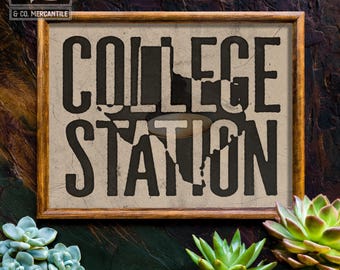College Station Texas Vintage Ink Press Typography Art Print, Large Texas Wall Art, Texas Home Decor, Texas Aggie Print, Graduation Gift