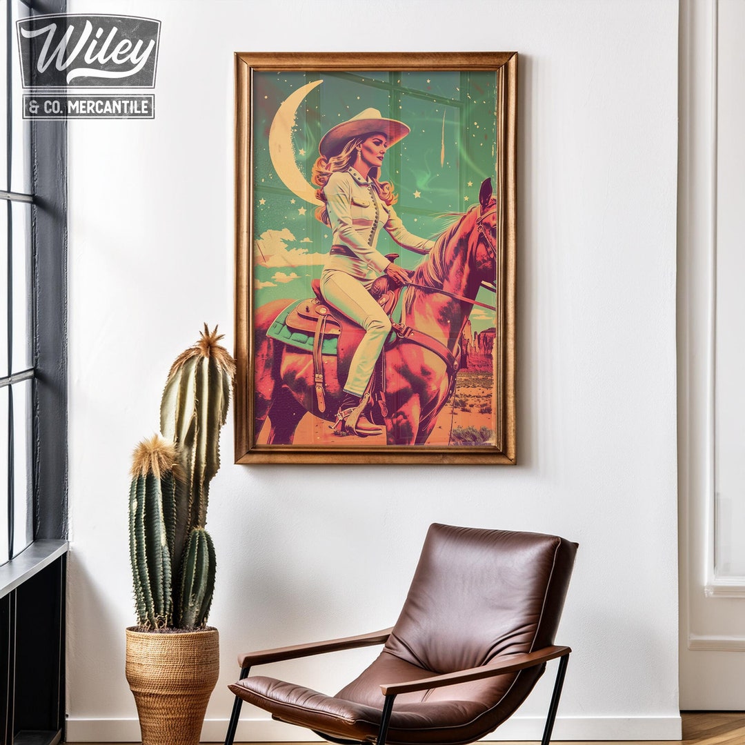 Retro Cowgirl Wearing All White Riding Horse Art Print | Cosmic ...