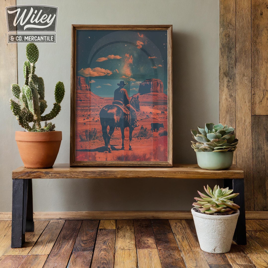 Vintage Cowboy Riding Horse Art Print | Cosmic Cowboy Wall Art, Retro ...