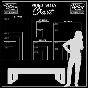 May include: A black and white chart with the text "Print Sizes Chart" and different print sizes listed in inches for 2:3, 4:5, 3:4, and 1:1 ratios. The chart is next to a silhouette of a person standing next to a bench.