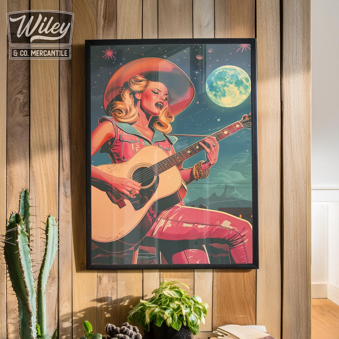 Retro Pink Cowgirl Playing Guitar Art Print | Cosmic Cowgirl Wall Art ...