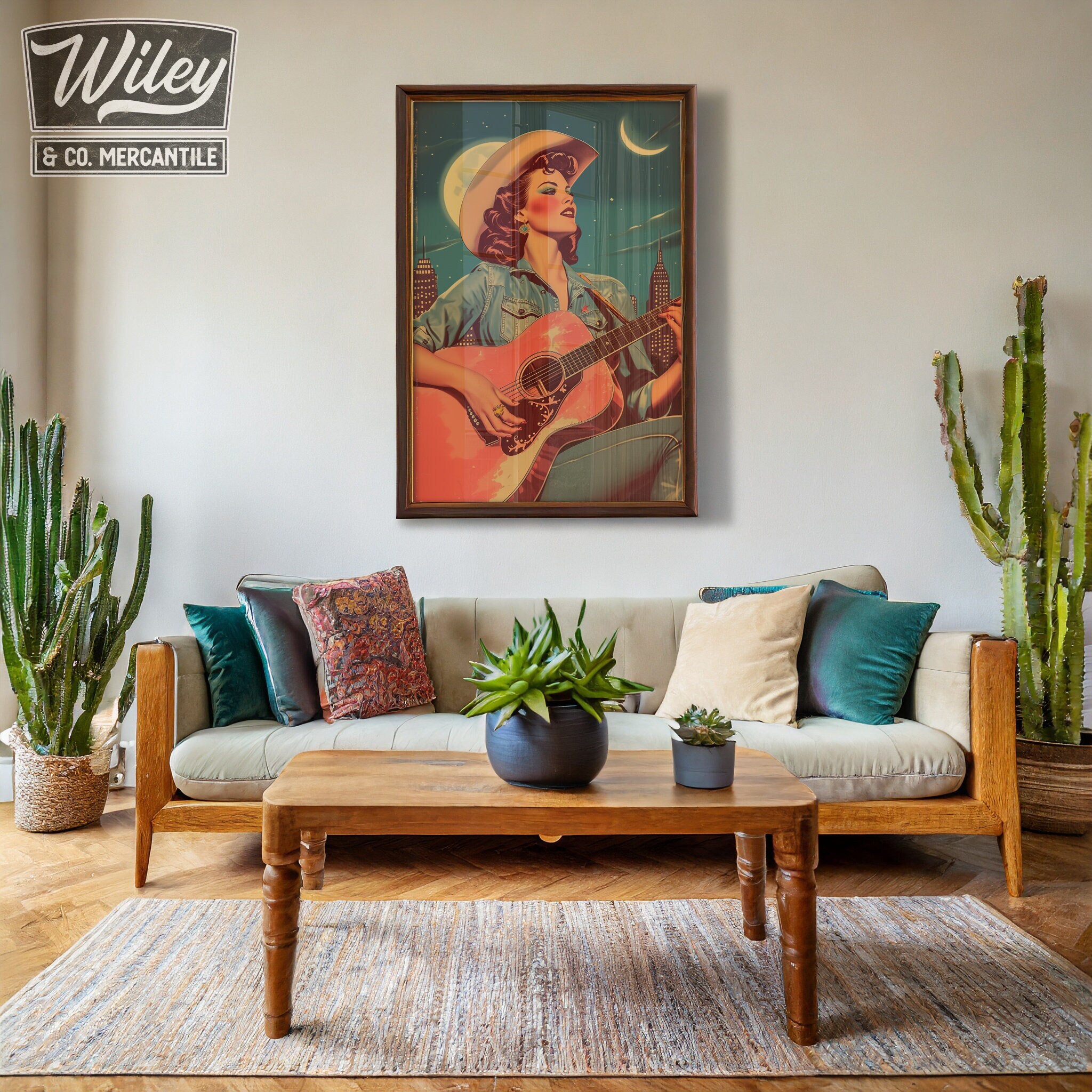 Cosmic Cowgirl Playing Guitar Art Print | Retro Space Cowgirl Wall Art ...
