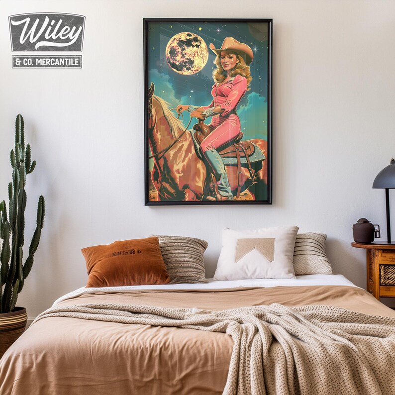 Retro Cowgirl Riding Horse Art Print, Pink Cosmic Space Cowgirl Wall ...