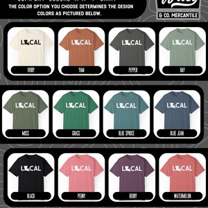 May include: A chart showing 12 different color options for a t-shirt with the text "LCAL" and a graphic of the state of Louisiana. The colors include ivory, yam, pepper, bay, moss, grass, blue spruce, blue jean, black, peony, berry, and watermelon.