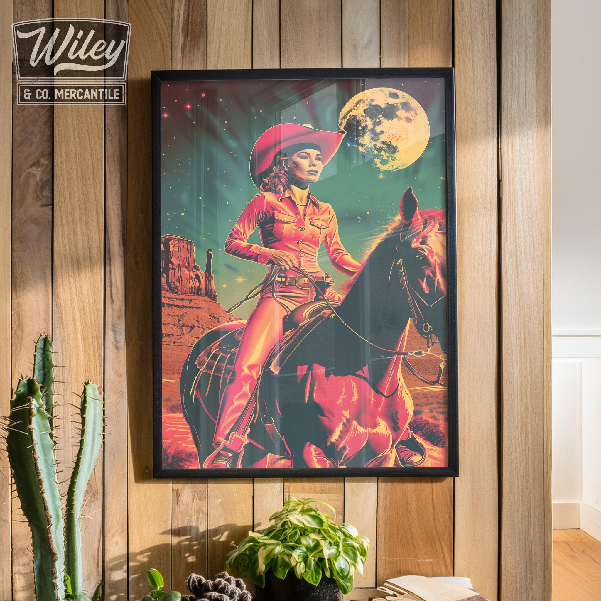 Retro Latin Cowgirl Riding Horse Art Print | Cosmic Space Cowgirl Wall ...