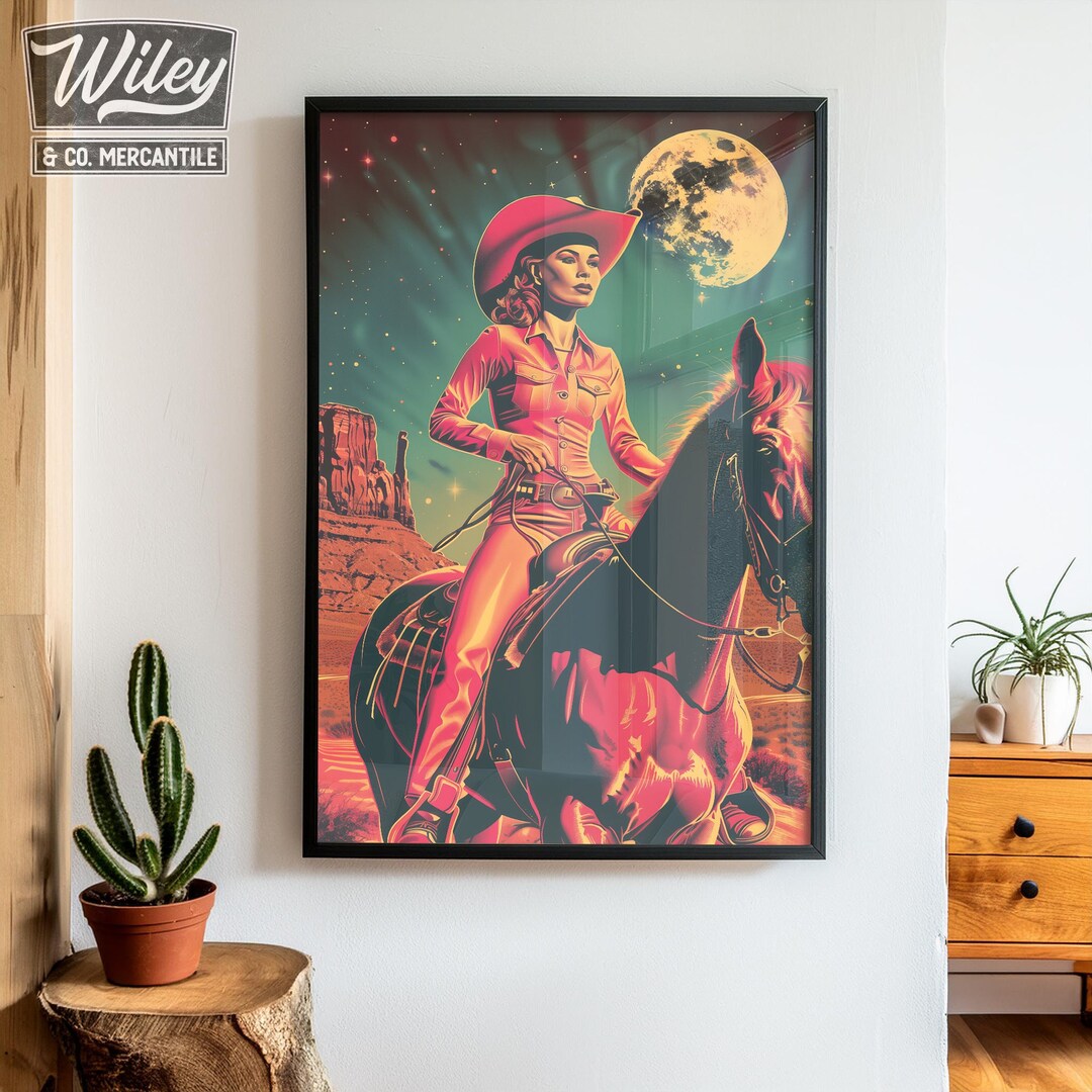 Retro Latin Cowgirl Riding Horse Art Print | Cosmic Space Cowgirl Wall ...