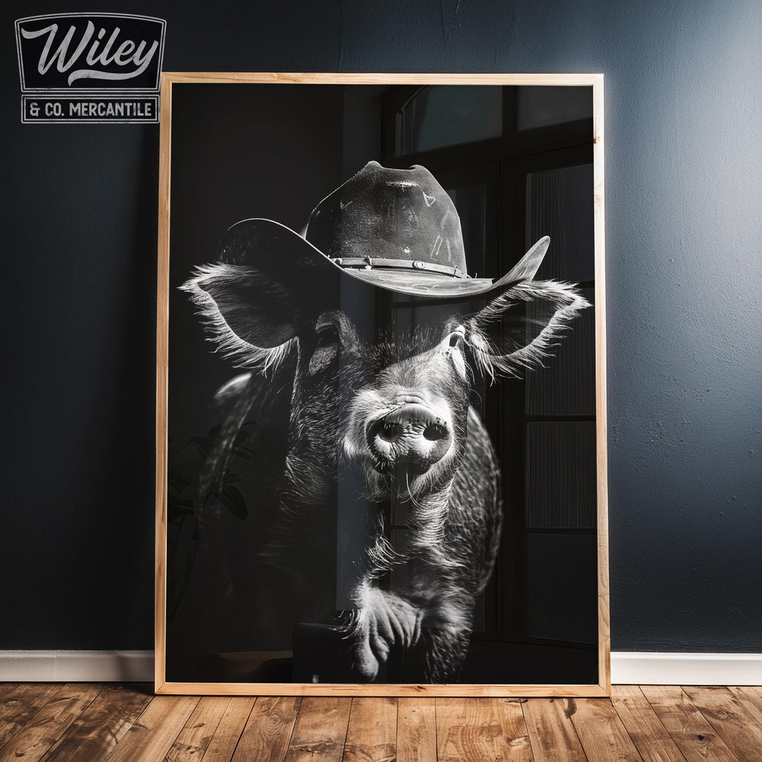 Cute Pig Wearing Cowboy Hat Art Print, Western Farm Animals  display picture 2