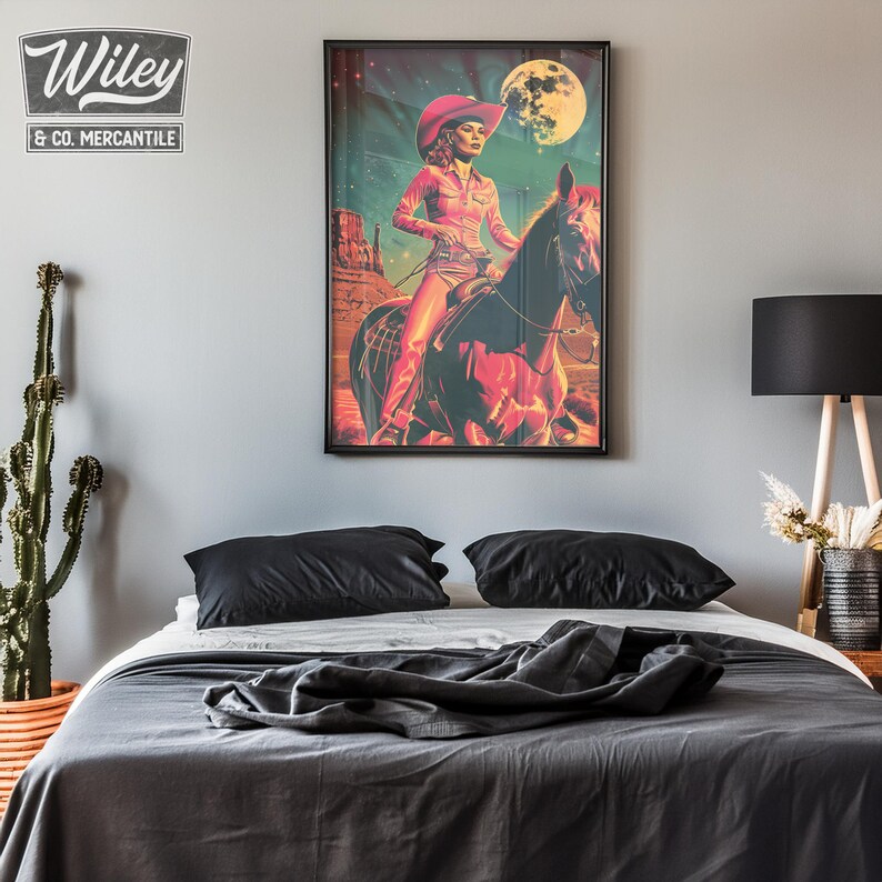 Retro Latin Cowgirl Riding Horse Art Print | Cosmic Space Cowgirl Wall ...