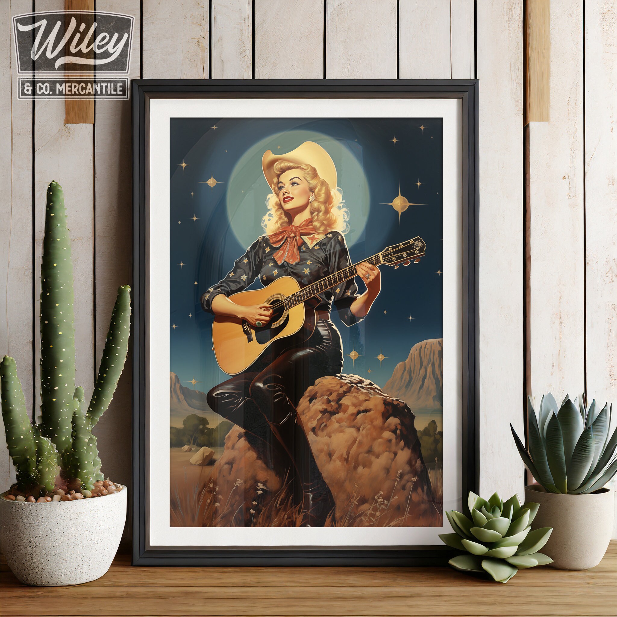 Cosmic Cowgirl Playing Guitar Art Print | Retro Space Cowgirl Wall Art ...