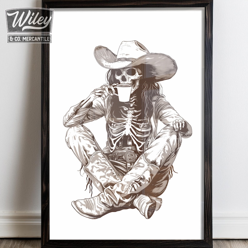 May include: A black and white illustration of a skeleton wearing a cowboy hat and drinking from a cup. The skeleton is sitting cross-legged with cowboy boots on.