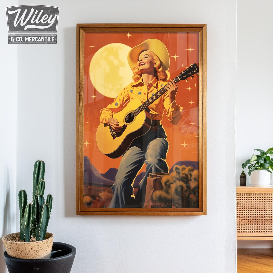 Cosmic Cowgirl Playing Guitar Art Print | Retro Space Cowgirl Wall Art ...