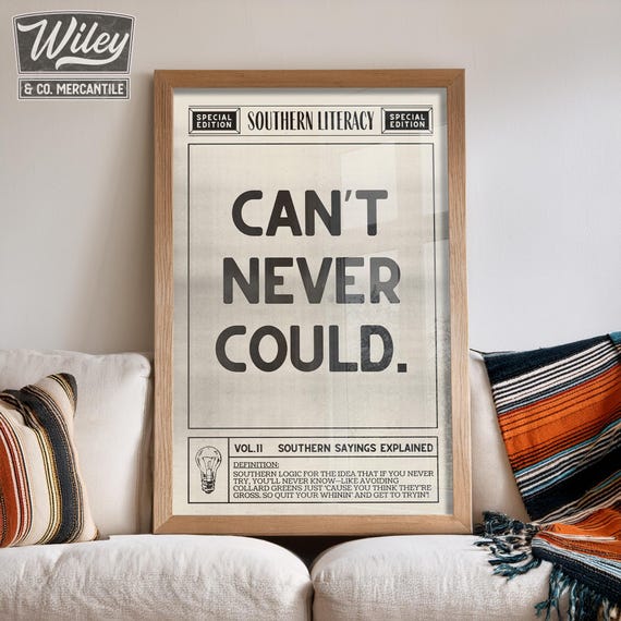 Can't Never Could Southern Saying Print, Funny Southern Literacy Poster, Vintage Dictionary Wall Art, Farmhouse Western Quote, Country Humor