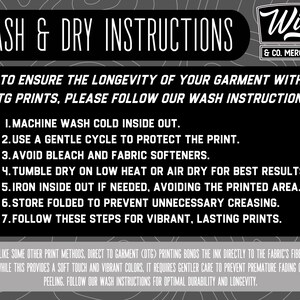 May include: Black and white graphic with wash and dry instructions for DTG prints. The text includes steps like machine washing cold, avoiding bleach, and air drying. The Wiley & Co. Mercantile logo is in the top right corner.