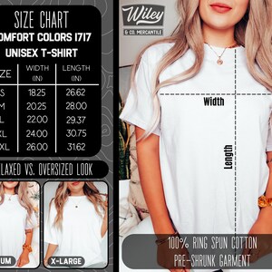 May include: Size chart for a unisex t-shirt with measurements in inches. The chart shows the width and length of the shirt in sizes S, M, L, XL, and XXL. The text "Relaxed vs. Oversized Look" is below the chart. The image also shows a model wearing a white t-shirt with the text "Wiley & Co. Mercantile" on the tag. The text "100% Ring Spun Cotton Pre-Shrunk Garment" is below the model.