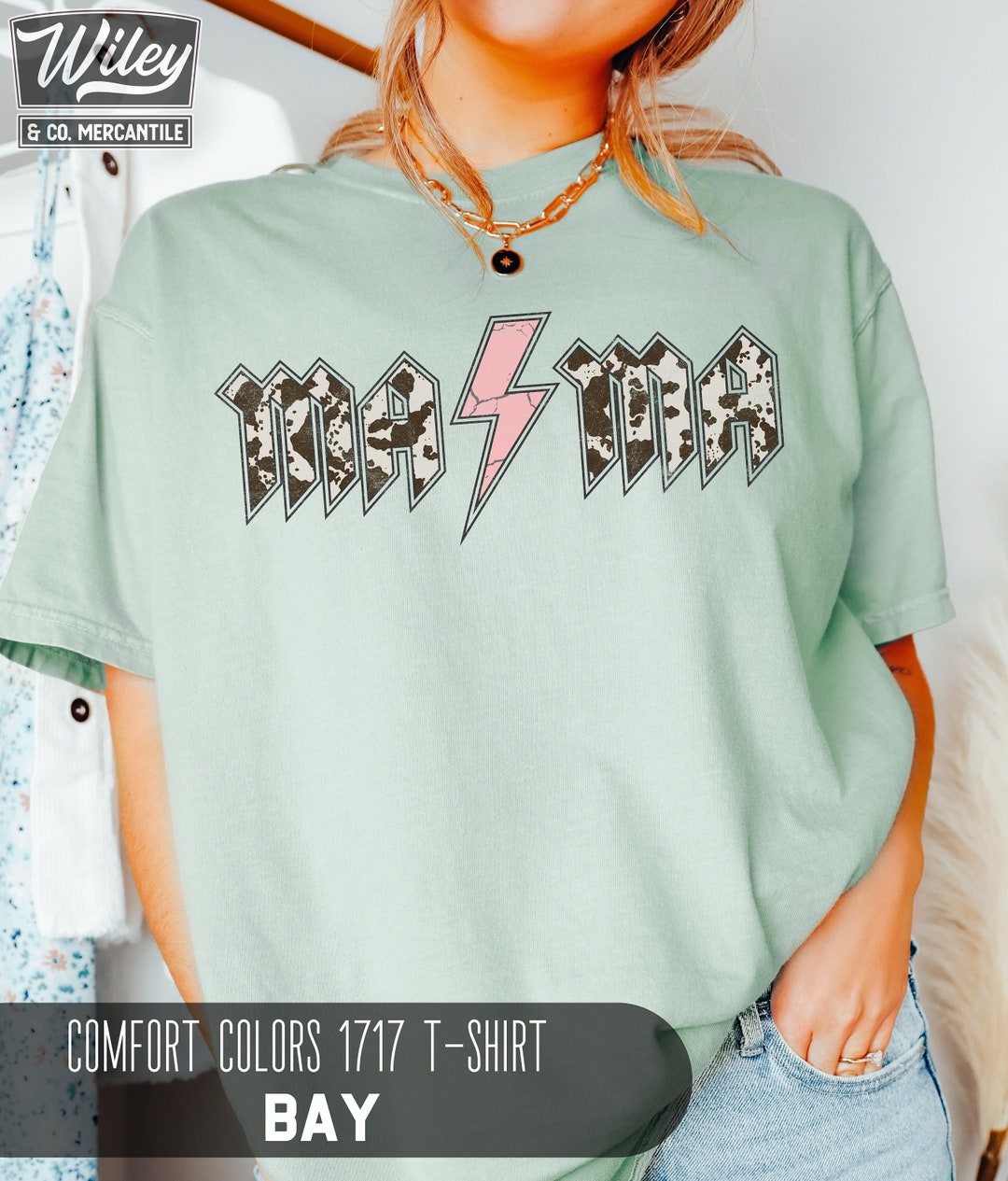 Cowhide ACDC Style Mama T-shirt - Comfort Colors | Western Metal Mom ...