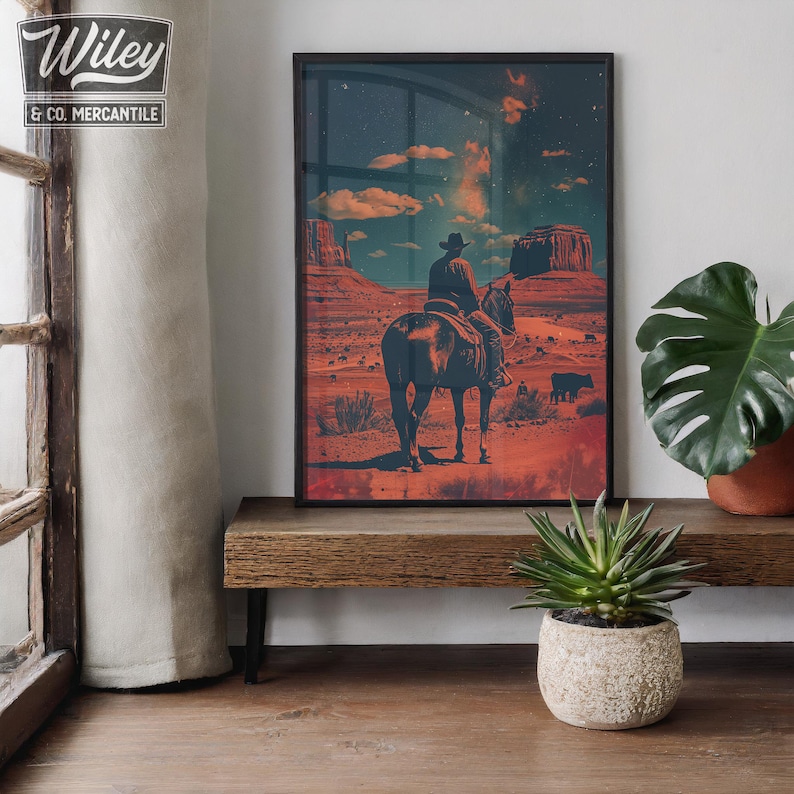 Vintage Cowboy Riding Horse Art Print | Cosmic Cowboy Wall Art, Retro ...