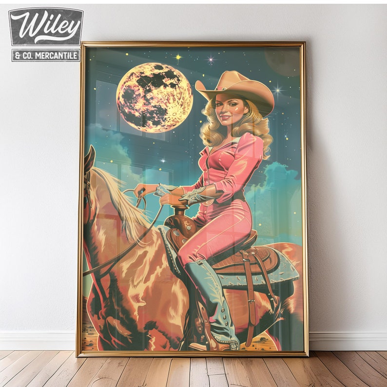 Retro Cowgirl Riding Horse Art Print, Pink Cosmic Space Cowgirl Wall ...