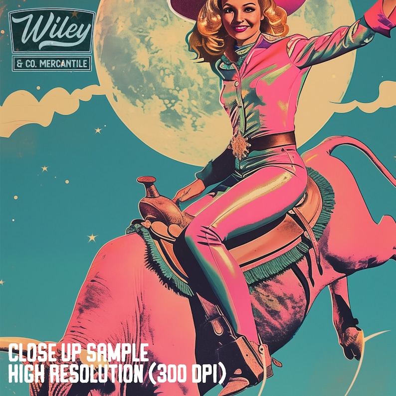 Pink Retro Cowgirl Riding Bull Art Print | Cosmic Cowgirl Wall Art ...