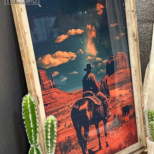 Vintage Cowboy Riding Horse Art Print | Cosmic Cowboy Wall Art, Retro ...