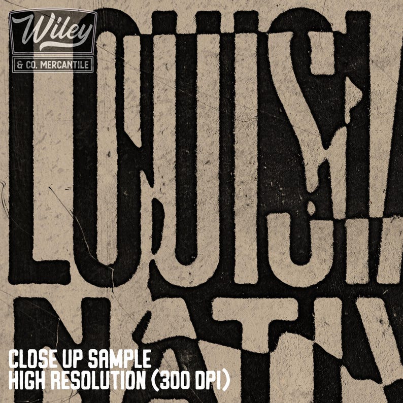 May include: Close-up of a vintage-style sign with the text "Wiley & Co. Mercantile" and the word "LOUISIANA" in large, bold letters. The sign has a distressed, aged look with a textured background.