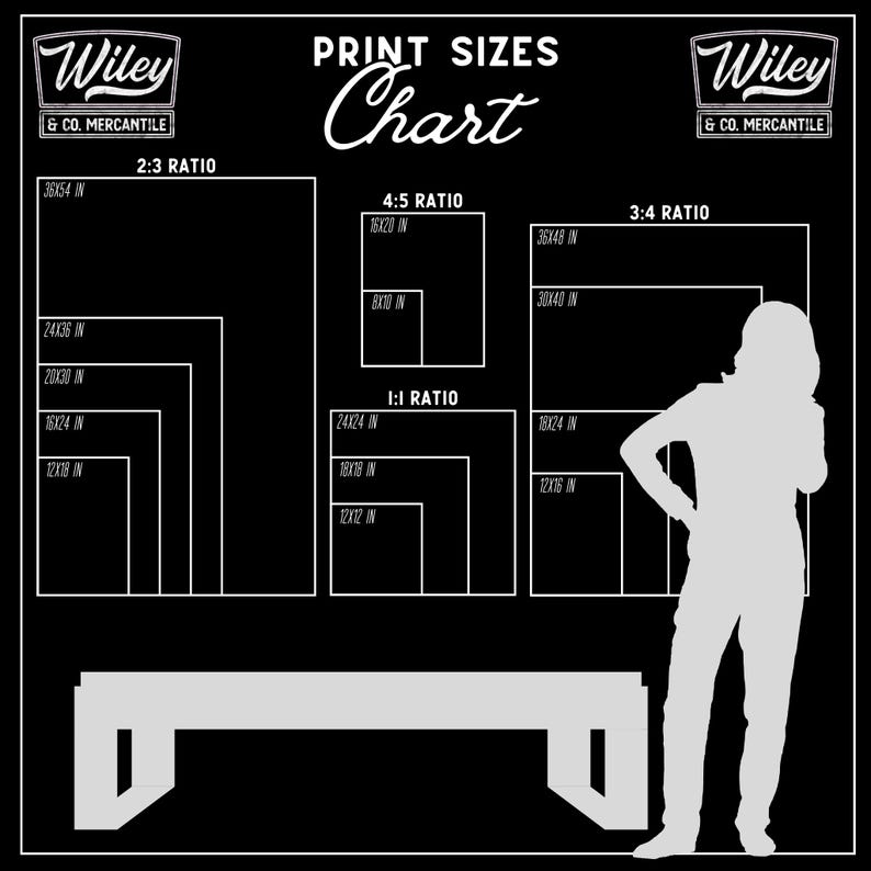 May include: Black and white print size chart with various aspect ratios, including 2:3, 4:5, and 3:4. The chart displays dimensions in inches, such as 36x54 in, 16x20 in, and 36x48 in. The Wiley & Co. Mercantile logo is at the top.