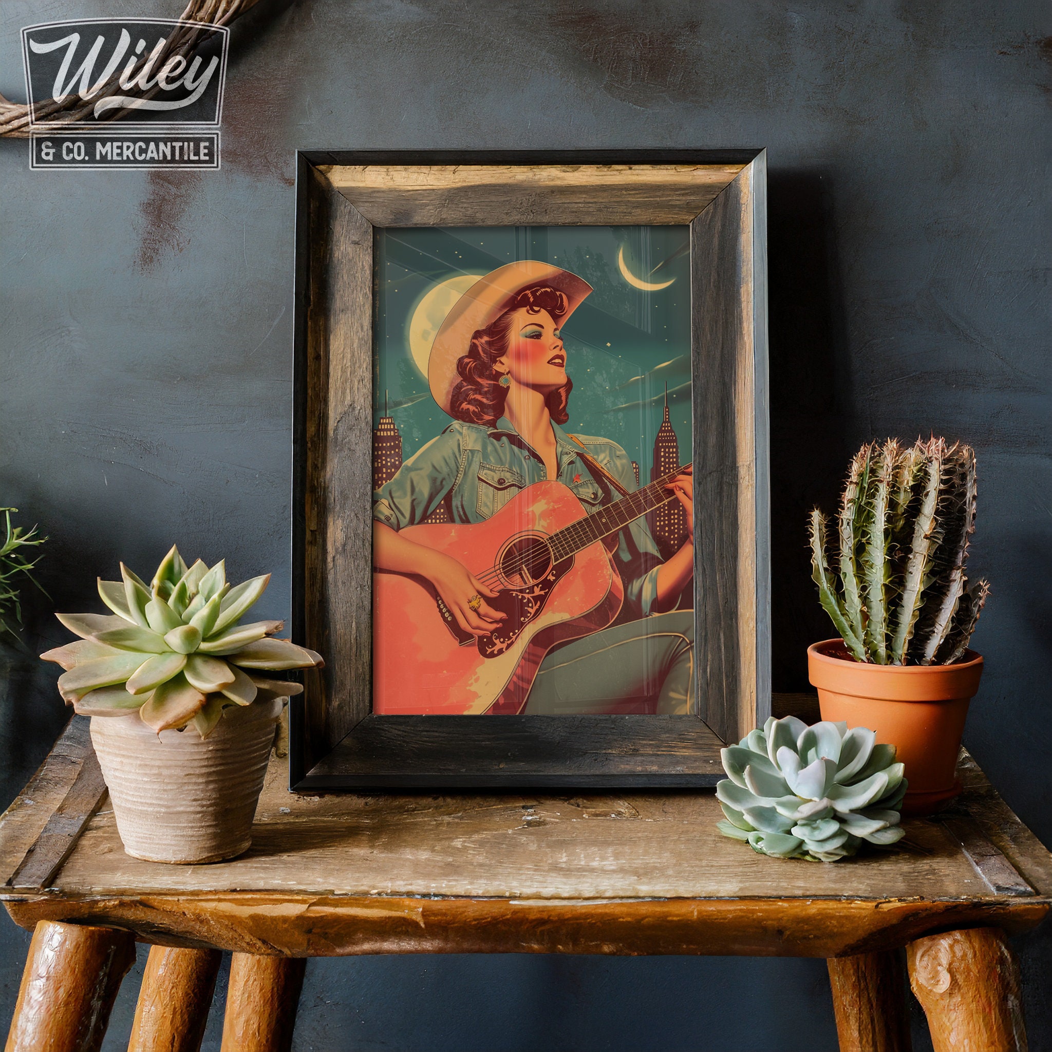 Cosmic Cowgirl Playing Guitar Art Print Retro Space Cowgirl Wall Art ...