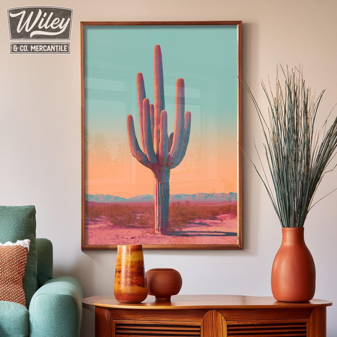Retro Saguaro Cactus Wall Art Print, Colorful Southwestern Desert ...