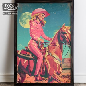 retro cowgirl art prints - set of 3 - digital download... Pink Retro Cowgirl Riding Horse Art Print | Cosmic Space Cowgirl Wall ...