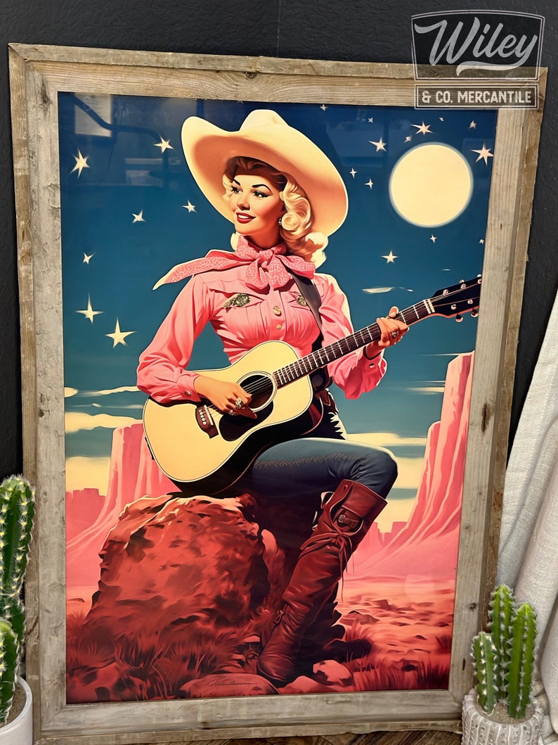 Cosmic Cowgirl Playing Guitar Art Print | Retro Space Cowgirl Wall Art ...