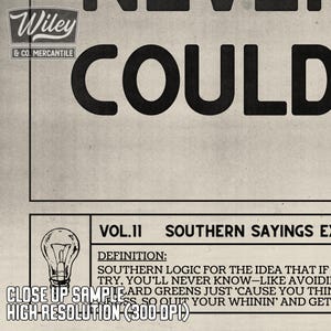Pu&ograve; includere: Un ritaglio di giornale in stile vintage con il testo "Wiley & Co. Mercantile" e "COULD" in grandi lettere nere. Il testo "VOL.11 SOUTHERN SAYINGS EX" &egrave; anche visibile. Viene fornita la definizione di un detto del sud: "SOUTHERN LOGIC FOR THE IDEA THAT IF TRY, YOU'LL NEVER KNOW-LIKE AVOIDING COLLARD GREENS JUST 'CAUSE YOU THINK YOU'LL MISS SO QUIT YOUR WHININ' AND GET 'EM".