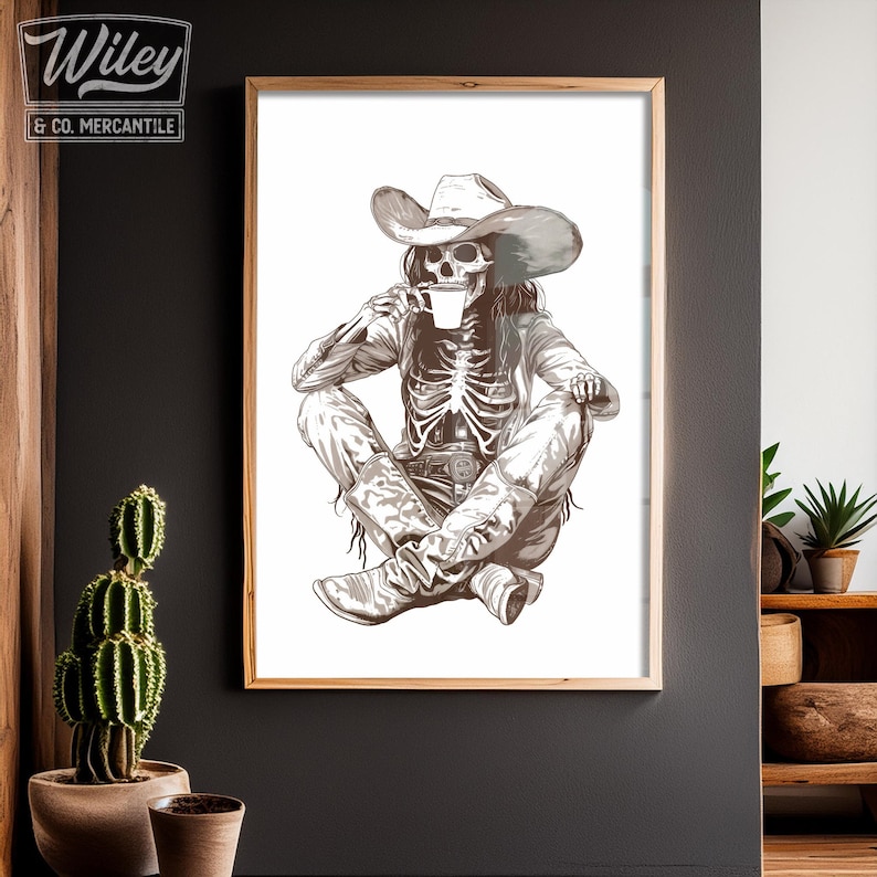 May include: A black and white illustration of a skeleton wearing a cowboy hat and boots, sitting with legs crossed and holding a cup of coffee.