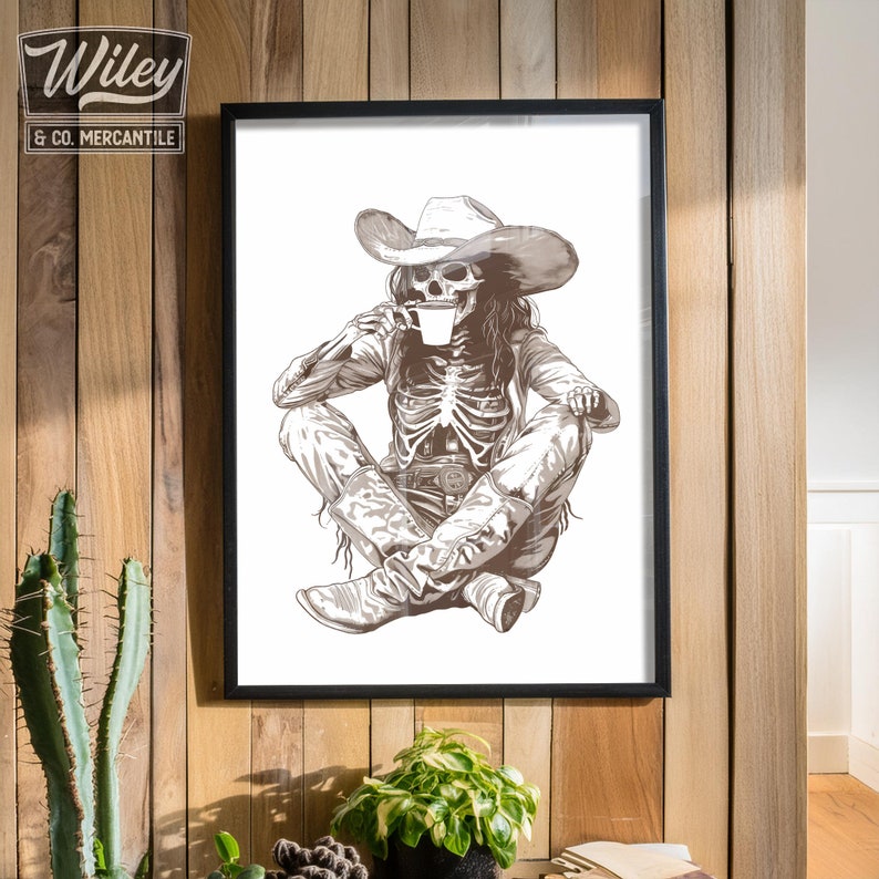 May include: A black and white illustration of a skeleton wearing a cowboy hat and boots, sitting with a cup of coffee in its hand.