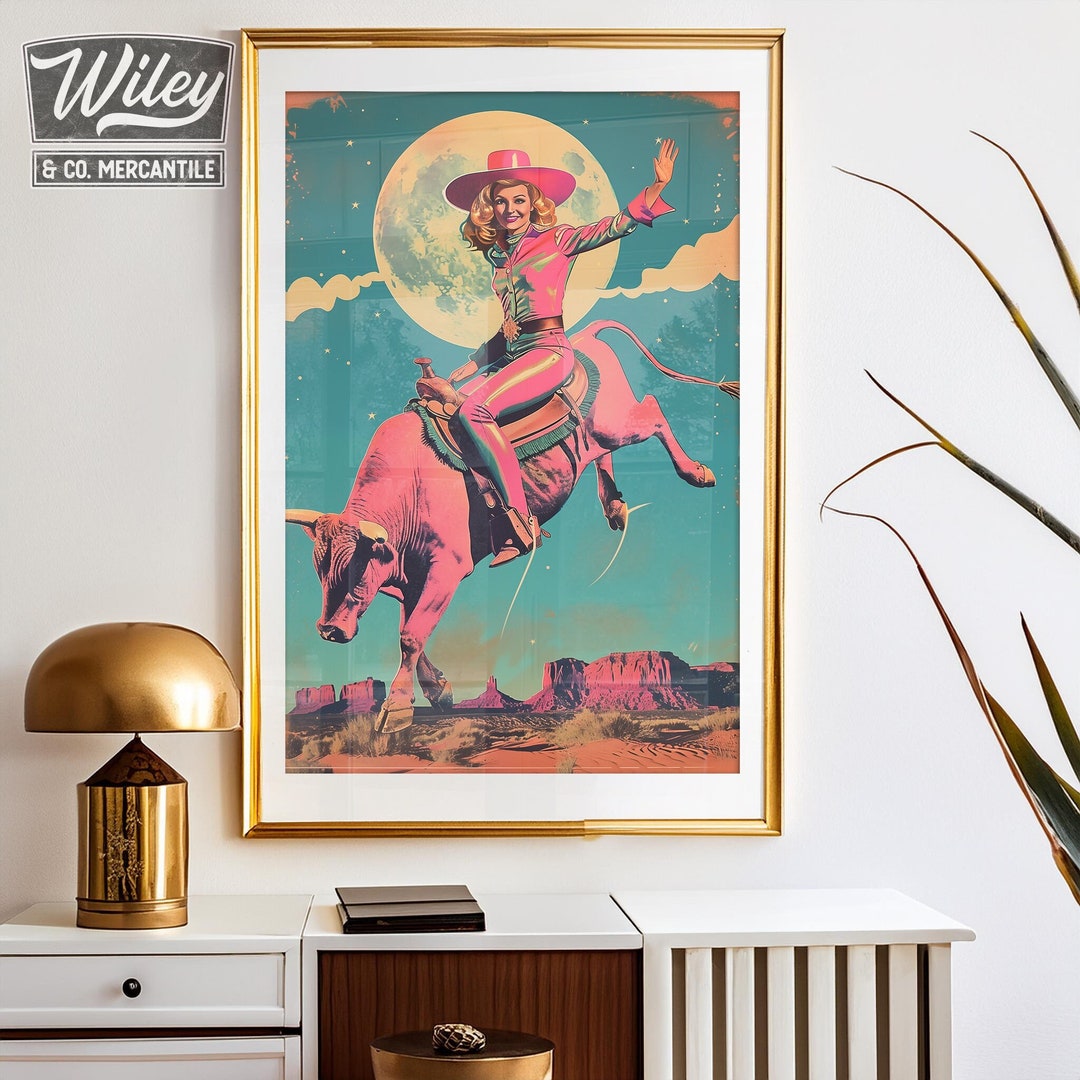 retro cowgirl art prints - set of 3 - digital download... Pink Retro Cowgirl Riding Bull Art Print | Cosmic Cowgirl Wall Art ...