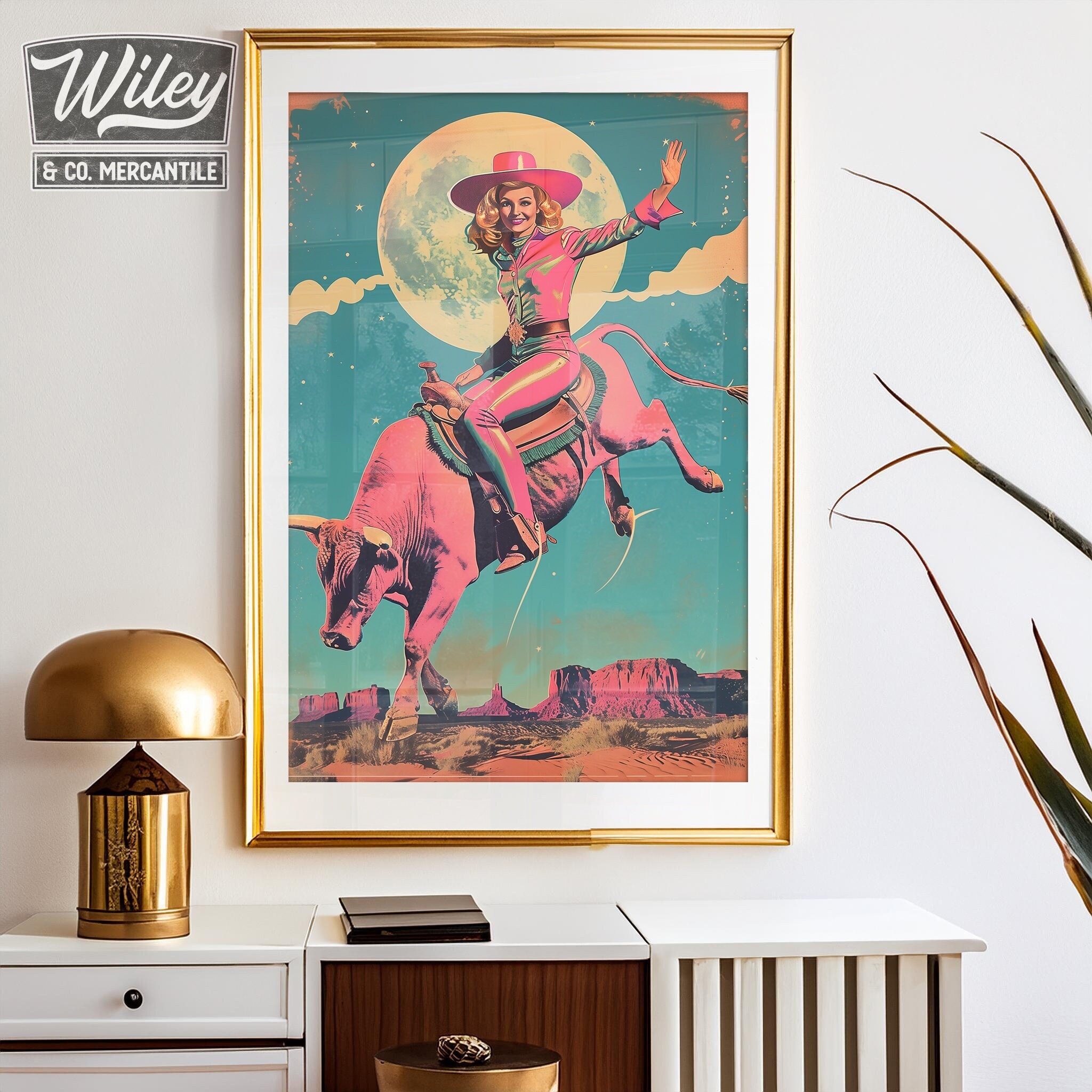 Pink Retro Cowgirl Riding Bull Art Print | Cosmic Cowgirl Wall Art ...