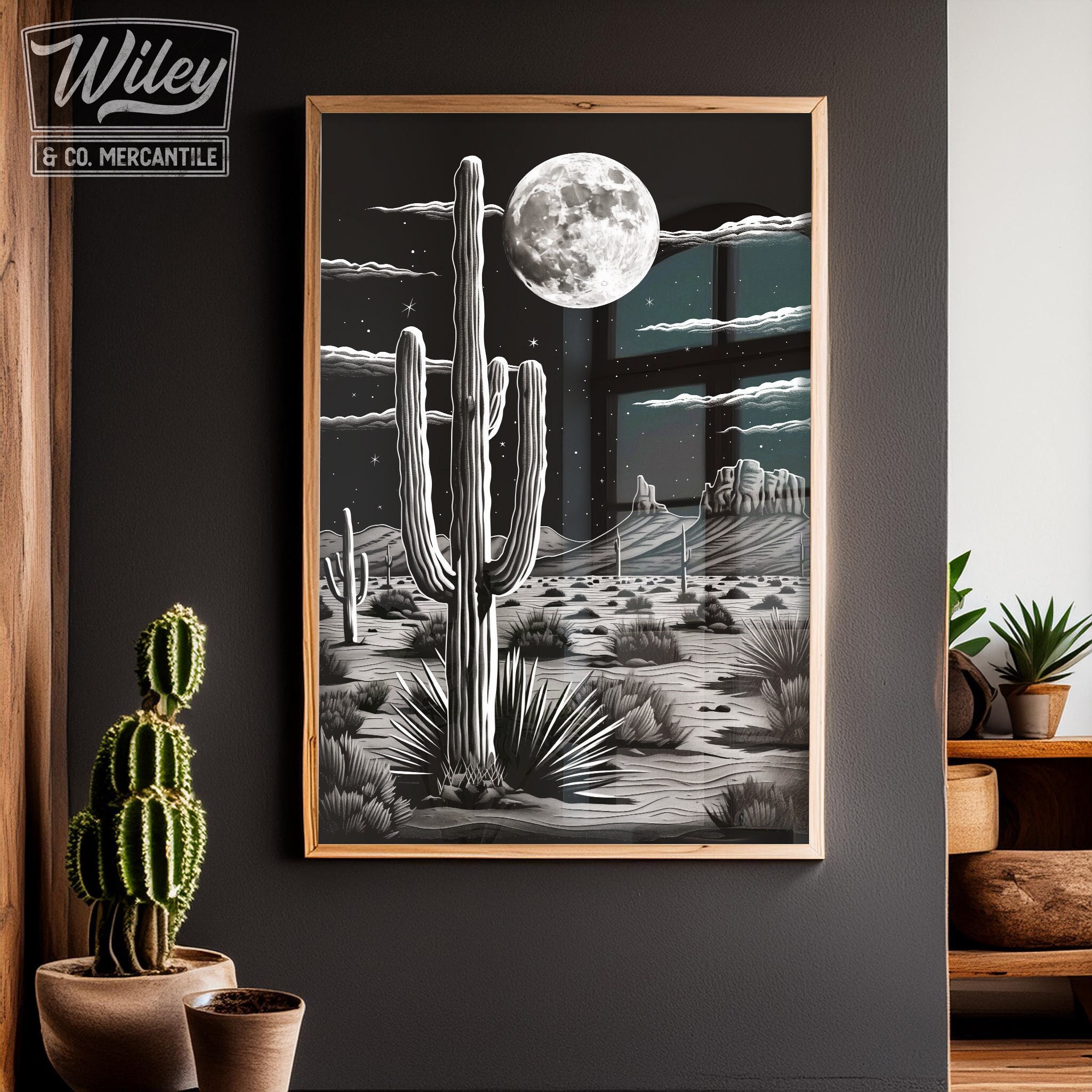 Black and White Saguaro Cactus Art Print | Retro Cactus Wall Art ...